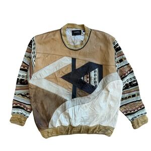 Saxony Collection Vintage Leather Patchwork Knit Sweater Mens 3XB Coogi Style90s
